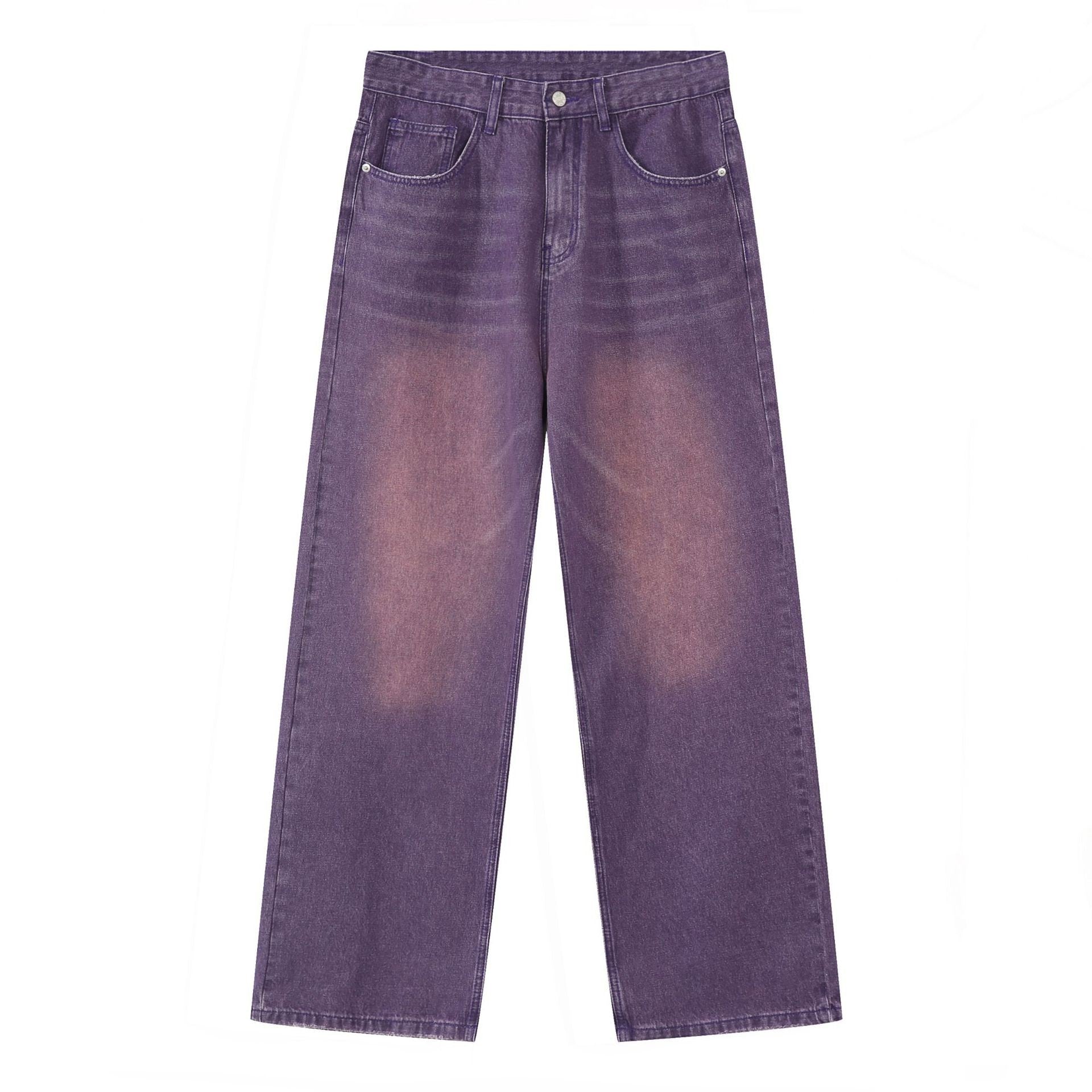 A model is wearing purple high-waisted wide-leg jeans with front pockets, displayed against white background
