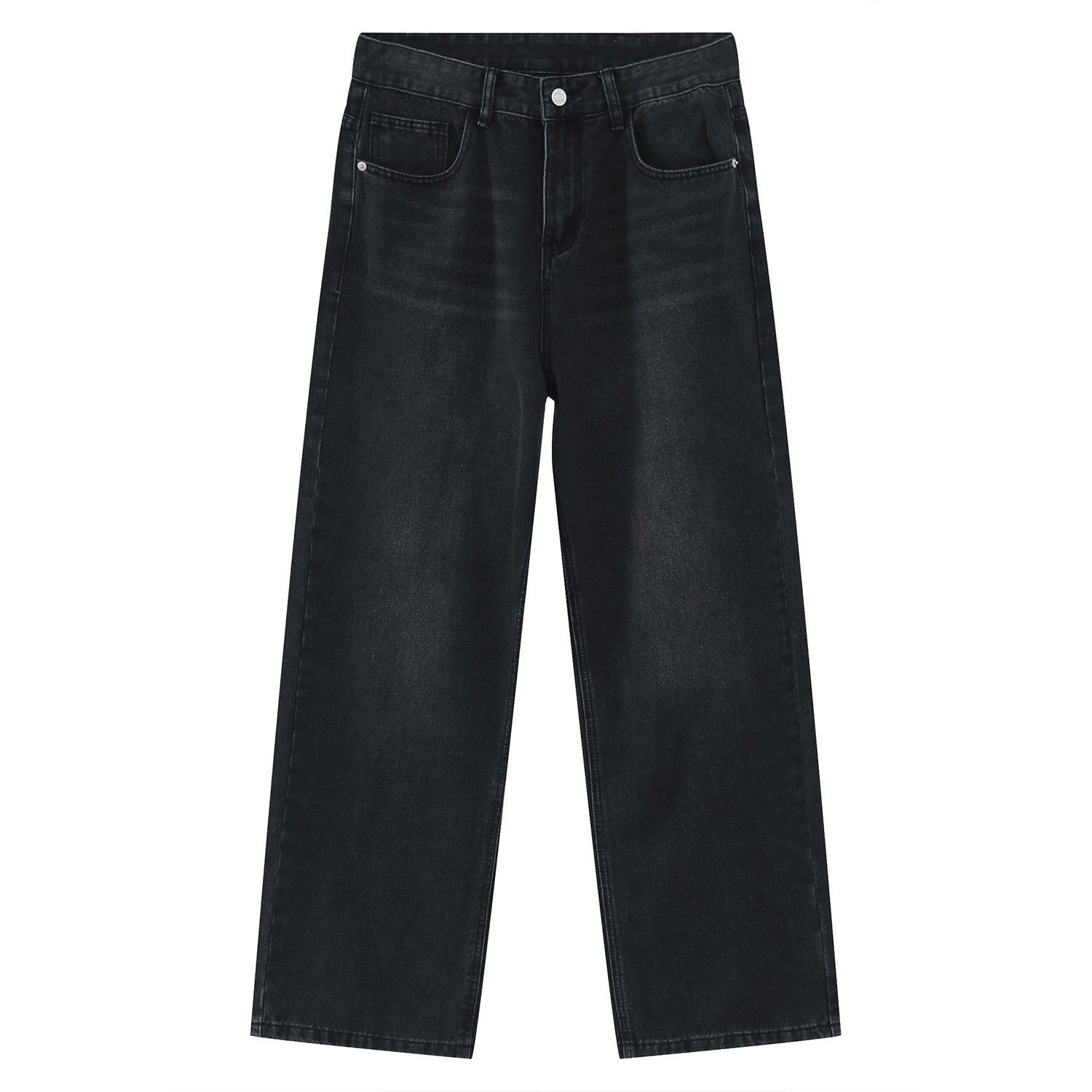 A model is wearing black wide-leg denim jeans with classic pocket styling against white studio background