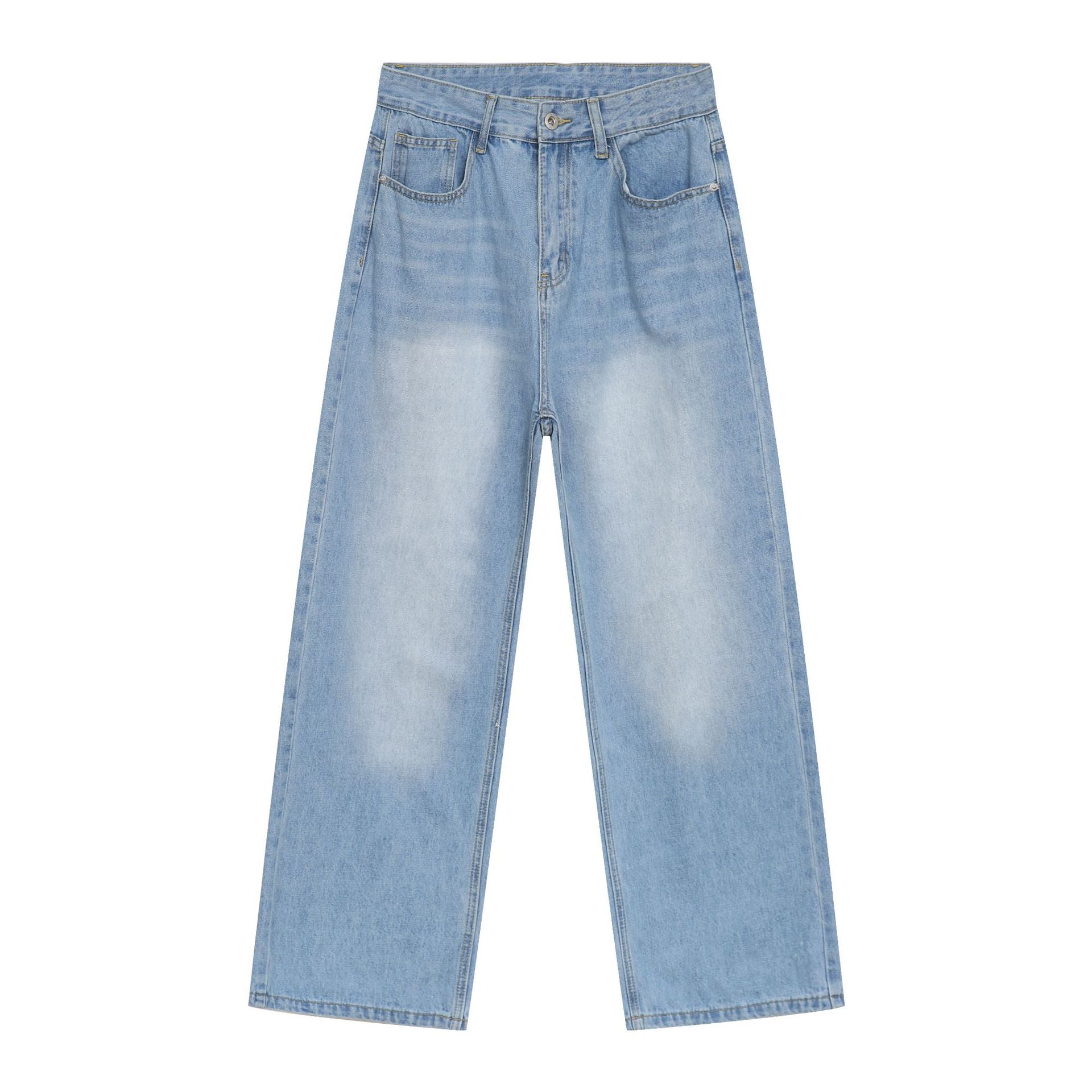 A model is wearing light wash high-waisted wide-leg jeans with front pockets against white background