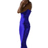 Royal blue silk evening gown shown on model, dramatic side pose against light background