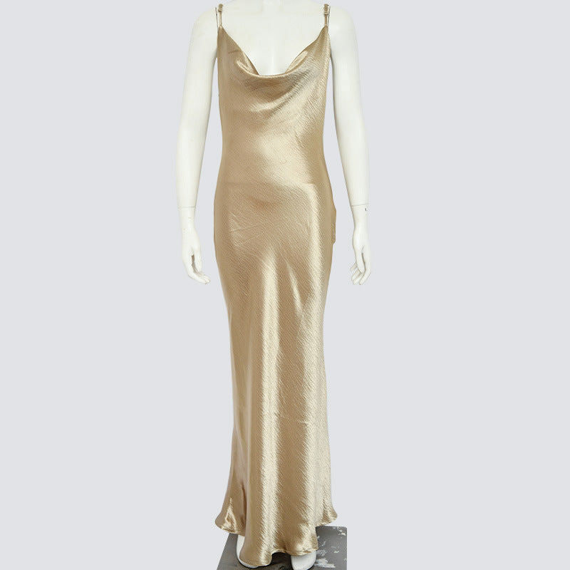 Champagne silk slip gown on mannequin, full-length view showing cowl neckline and bias cut against white backdrop
