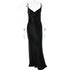 Black silk evening gown on mannequin, showing cowl neckline and floor-length silhouette against white background