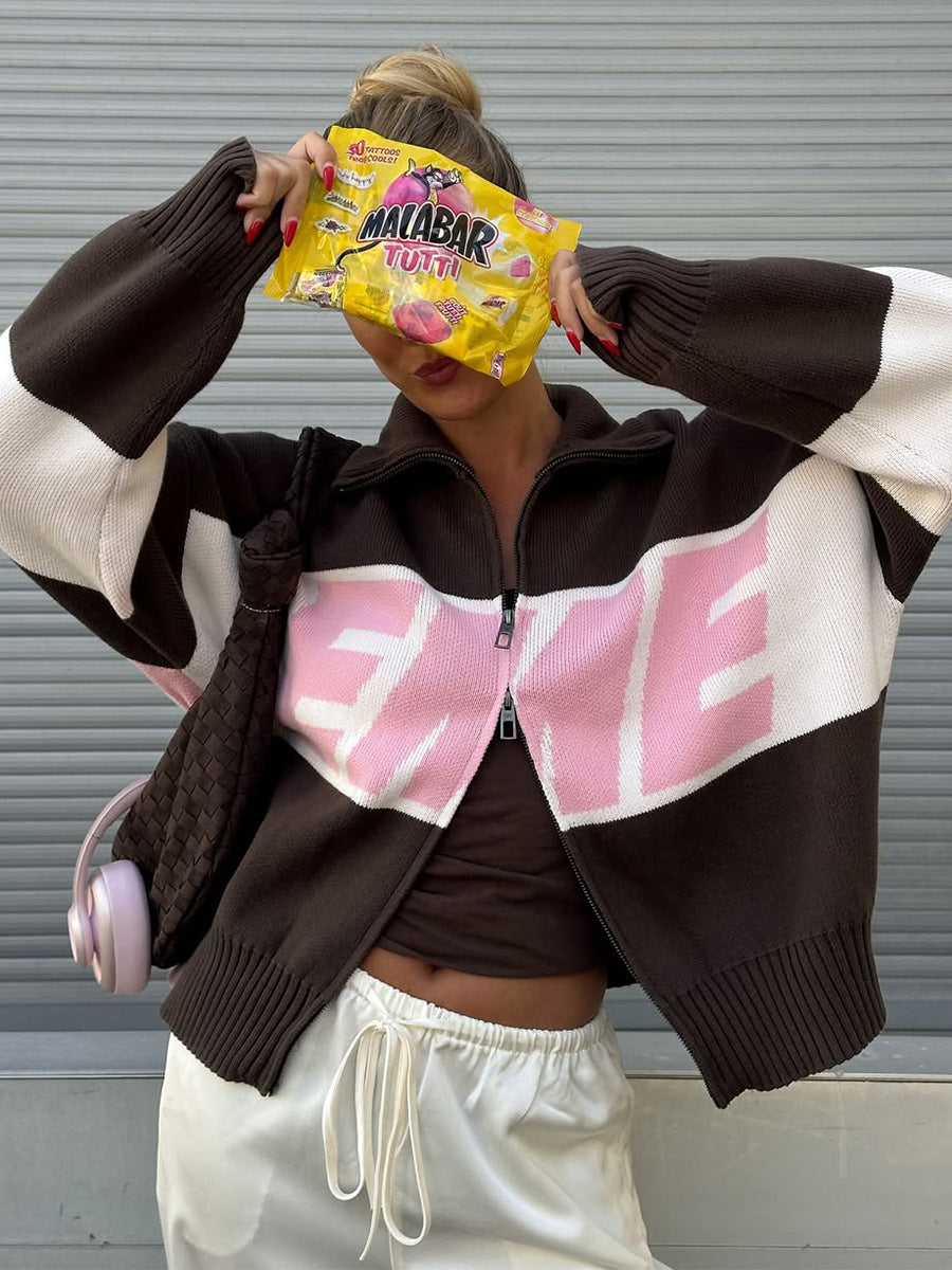 Retro Jacquard Letter Zip Up Sweater – Sporty Colorblock Knit Cardigan