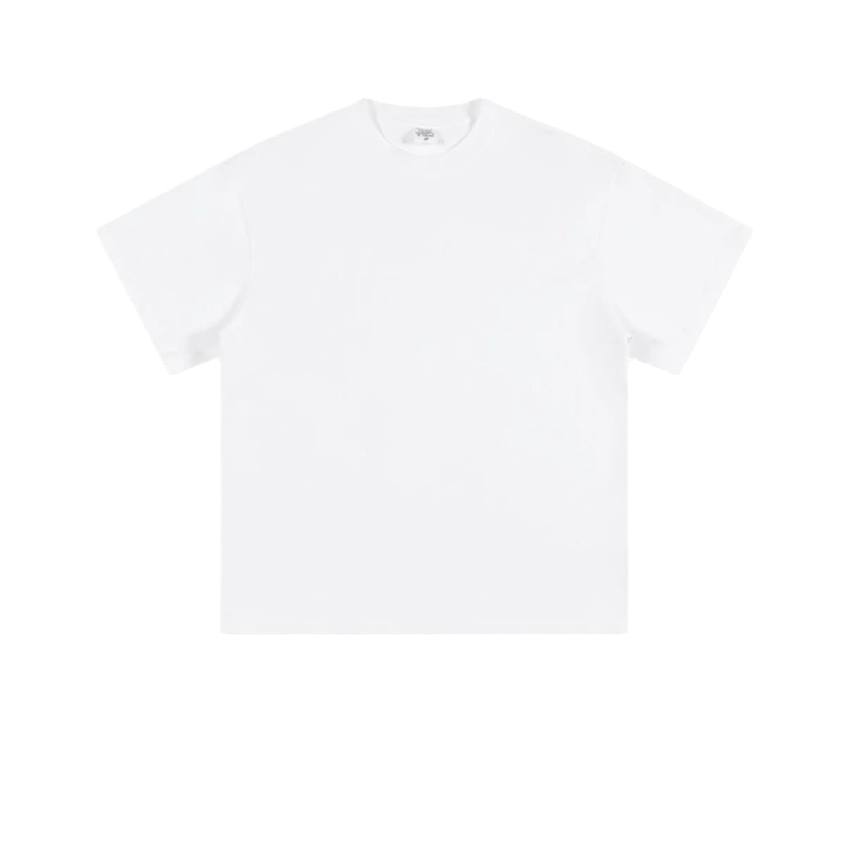 Product shot of plain white oversized t-shirt with crew neck and short sleeves on plain background