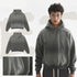 Product collage showing grey distressed hoodie from multiple angles with close-up detail of distressing on white background