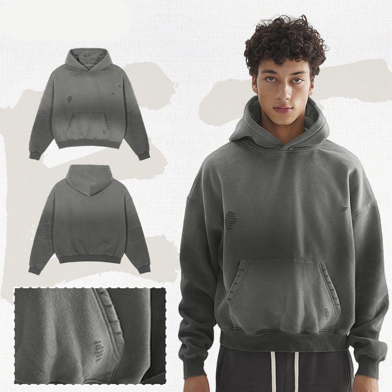 Product collage showing grey distressed hoodie from multiple angles with close-up detail of distressing on white background