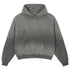 Product shot of grey ombre hoodie with distressed details, kangaroo pocket and ribbed hem on white background
