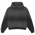 Front view of black distressed hoodie with gradient effect, kangaroo pocket and subtle worn detailing on white background
