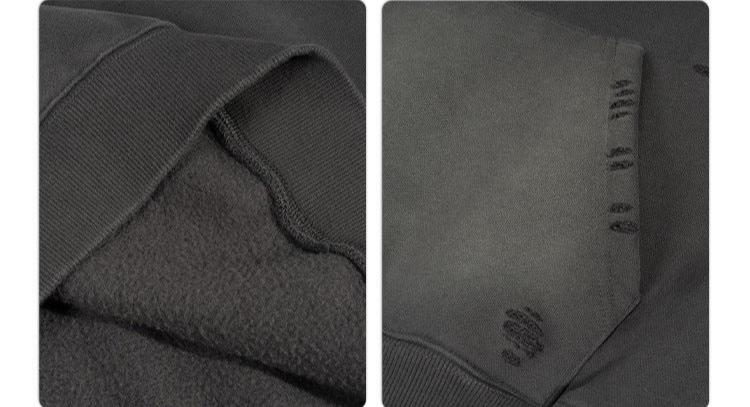 Fabric detail images showing ribbed cuffs and distressed texture details of dark grey hoodie