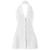 A white halterneck blazer mini dress with lapel collar, button-front closure and pleated skirt, displayed on white background