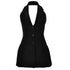 A black halterneck blazer mini dress with lapel collar, button-front closure and pleated skirt, displayed on white background