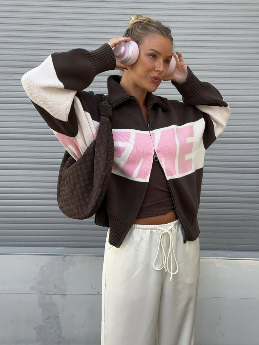 Retro Jacquard Letter Zip Up Sweater – Sporty Colorblock Knit Cardigan