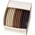 Open box of Henju hair bands showing color gradient from beige to brown to black, arranged in neat rows, labeled "Strong Elasticity"