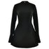 A black structured mini dress with high neckline, long sleeves, and A-line silhouette, shown without a model on neutral background