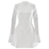 A white structured mini dress with mock neck, dramatic flared sleeves, and fitted waist, presented on a plain background