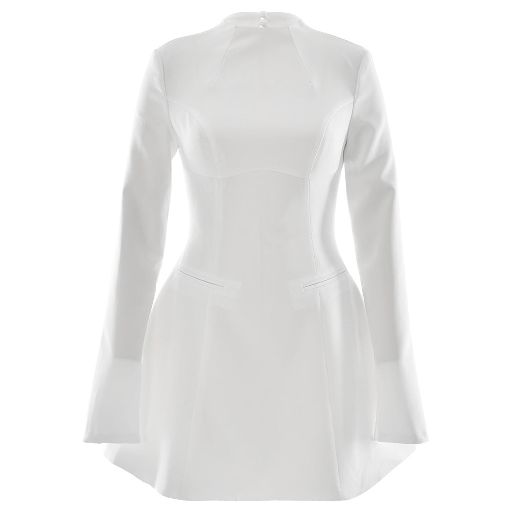 A white structured mini dress with mock neck, dramatic flared sleeves, and fitted waist, presented on a plain background