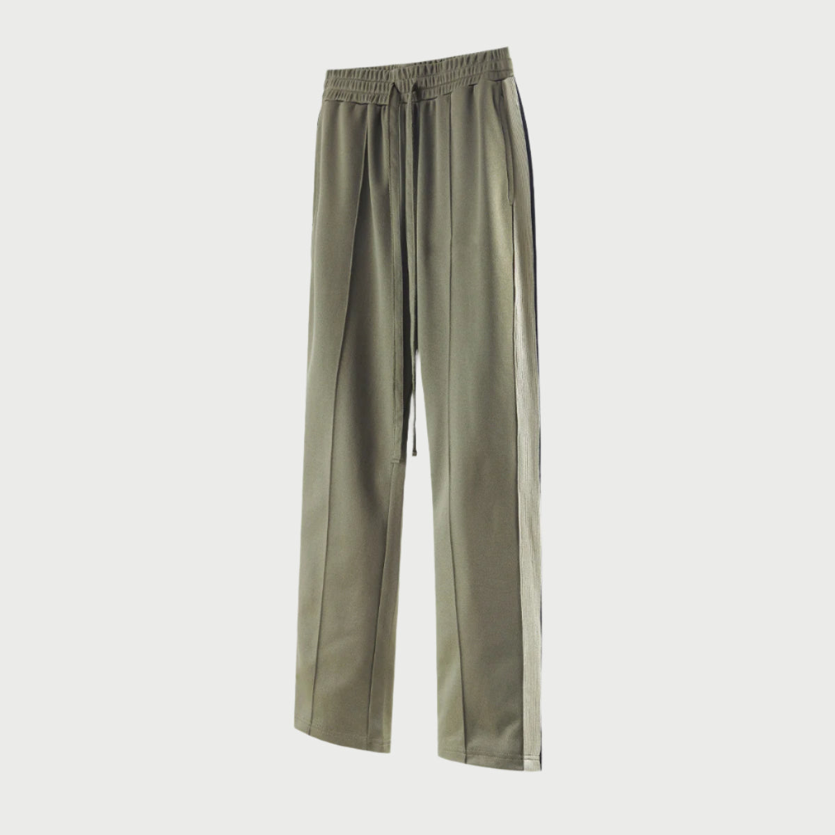 Olive green wide-leg pants with side stripe and drawstring