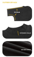 Product detail collage showing t-shirt construction features including 'no seam' design, extended collar, and 300 GSM cotton fabric