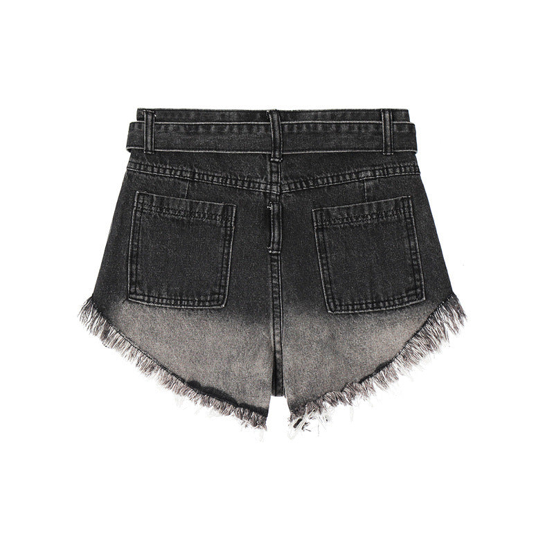 Back view of distressed denim shorts with raw hem, dual back pockets, and faded black wash, shown flat lay