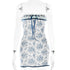 A white and blue butterfly-print mini dress with corset-style front displayed on a transparent mannequin against white background
