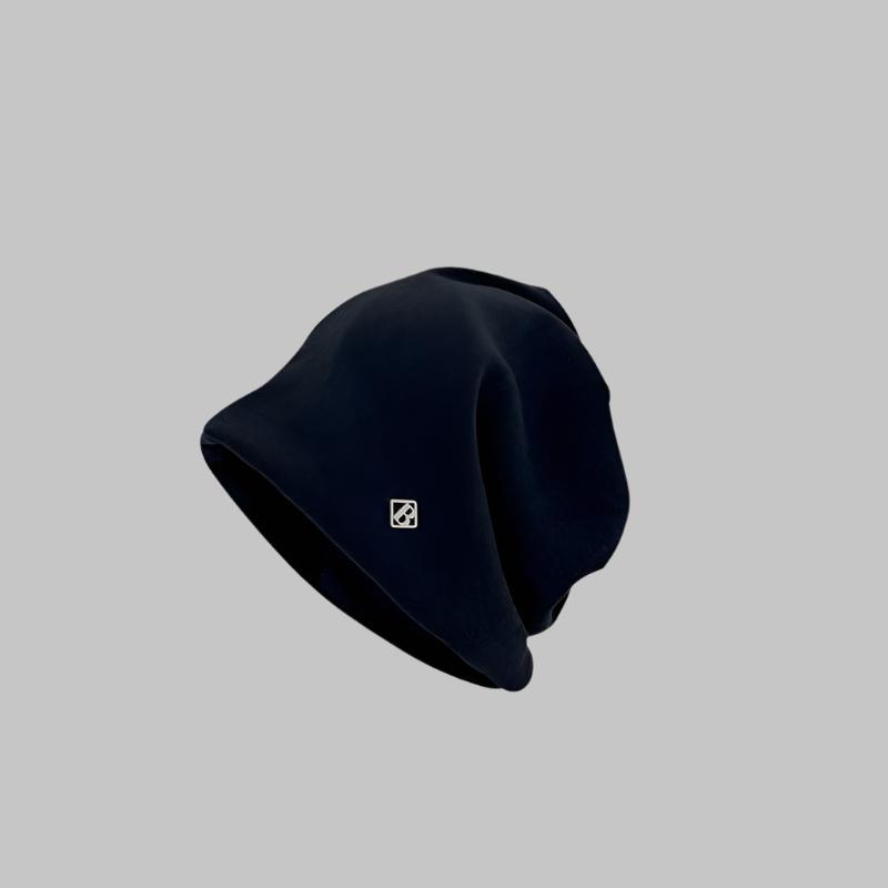 Black beanie with relaxed fit and brand emblem, ideal for casual wear