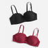 Product display of two push-up bras with lace trim and bow detail, shown in black and burgundy colors against white background