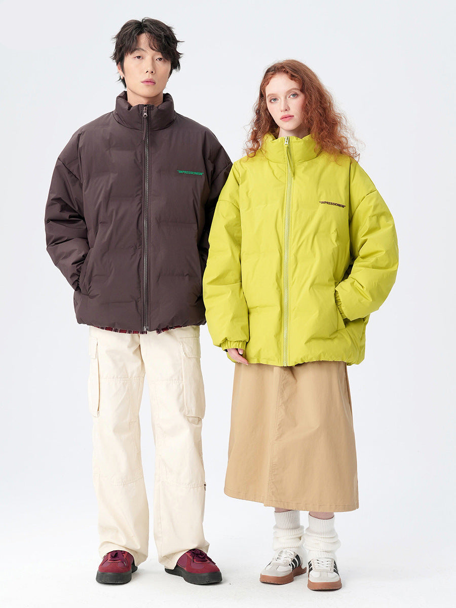 Models wearing Impressionism puffer jackets in yellow and brown, styled with casual wear