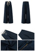 Product detail display of dark drawstring wide-leg jeans, front and back views with close-ups.