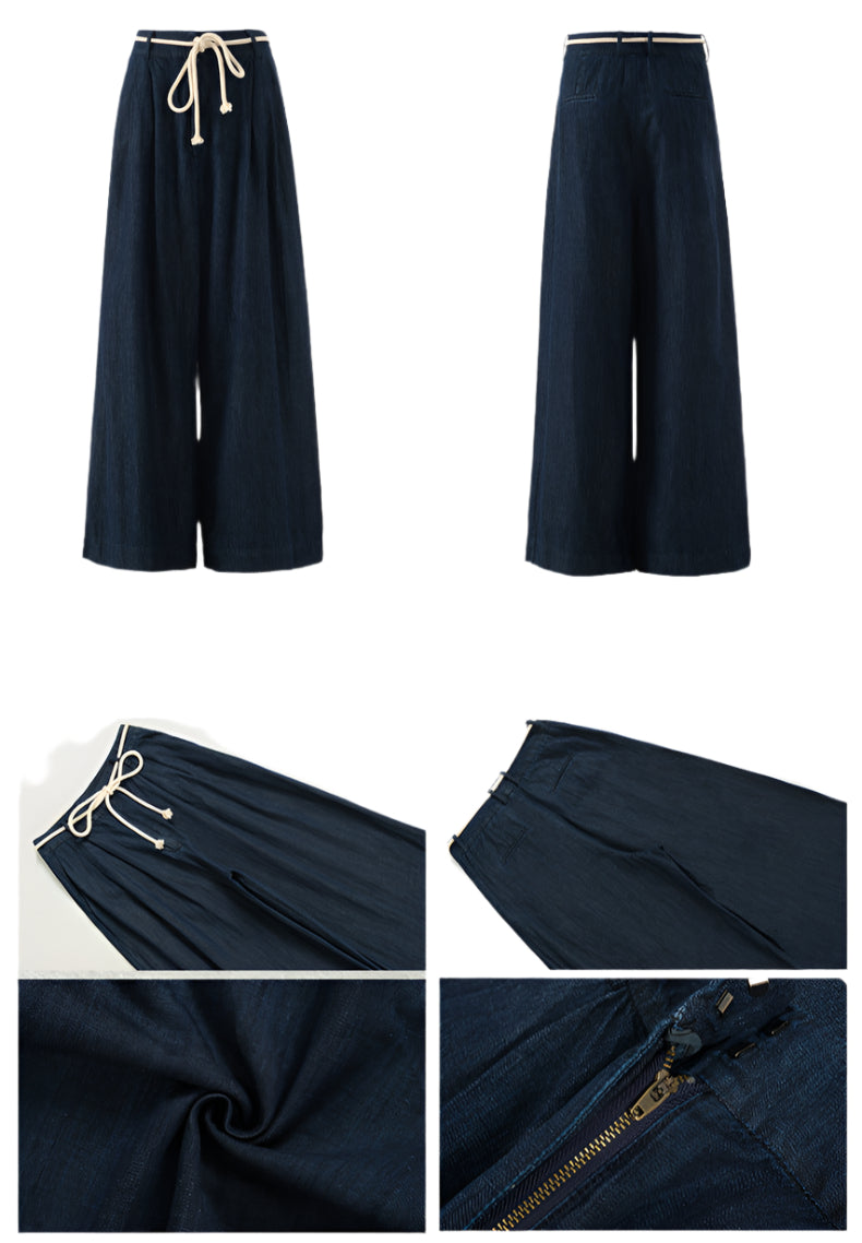 Product detail display of dark drawstring wide-leg jeans, front and back views with close-ups.