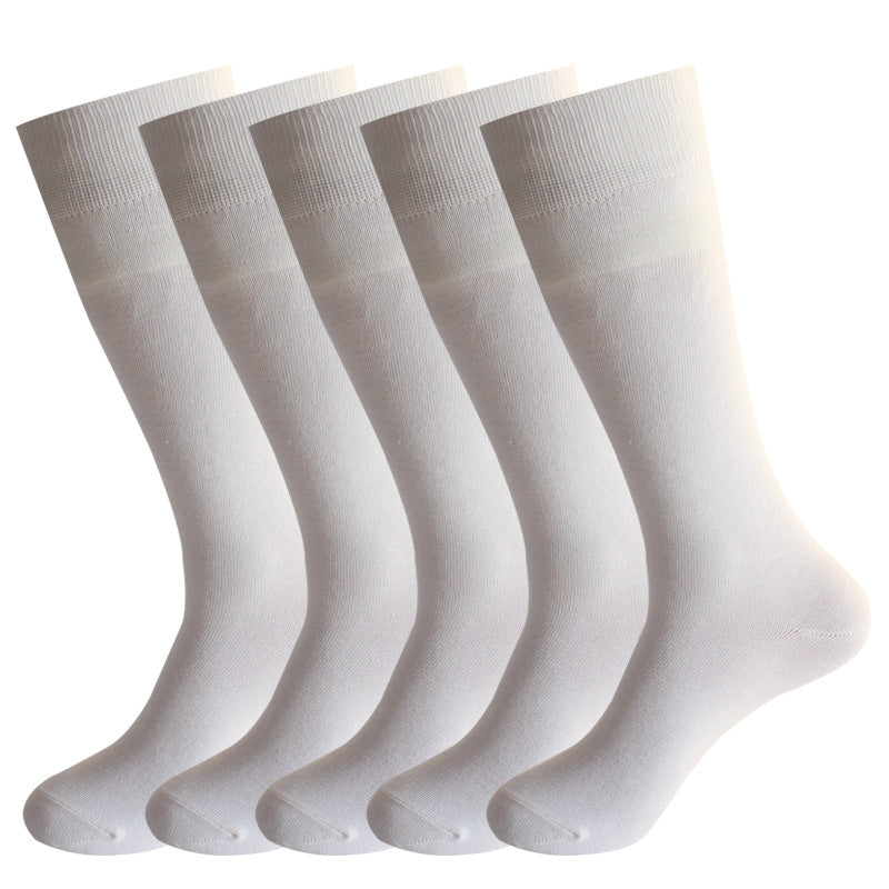 Five pairs of white dress socks with ribbed cuffs displayed against white background