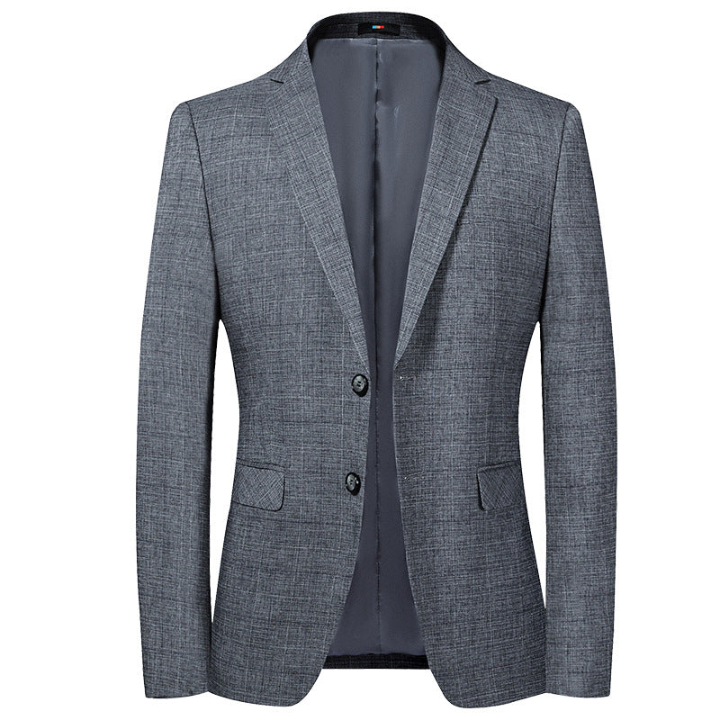 Slim-fit gray blazer with textured fabric displayed front view showing clean notched lapels and two-button closure