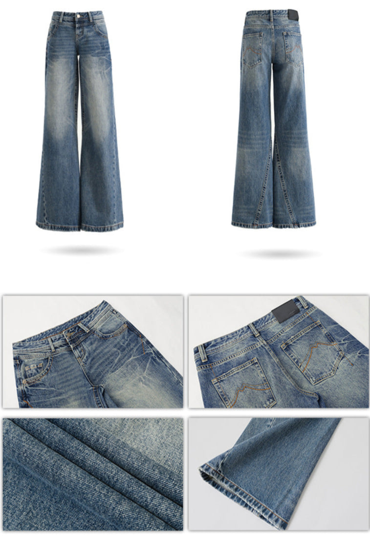 Back view full-body shot of low rise jeans with V-yoke and faded pockets