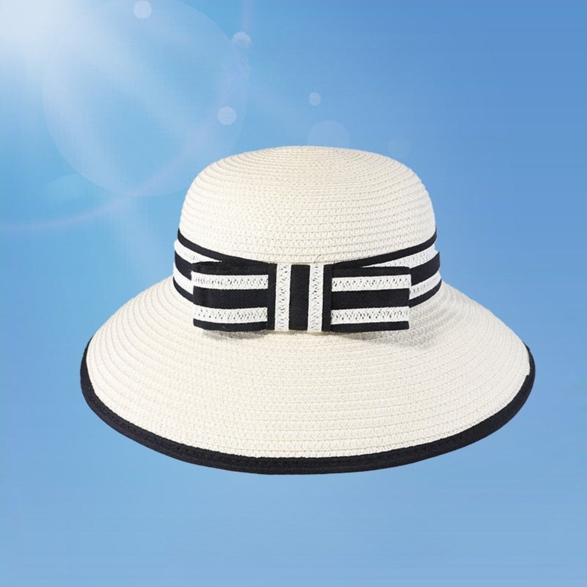 White Straw Sun Hat with Black Ribbon Bow Women main image 4