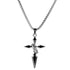 Silver cross pendant featuring black enamel arrow-tip design on thick box chain against white background, product detail shot