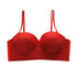 Front view of red glitter bustier bra with molded cups and adjustable straps on white background