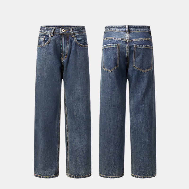Front and back view of baggy straight-leg denim jeans showing traditional 5-pocket styling and relaxed fit
