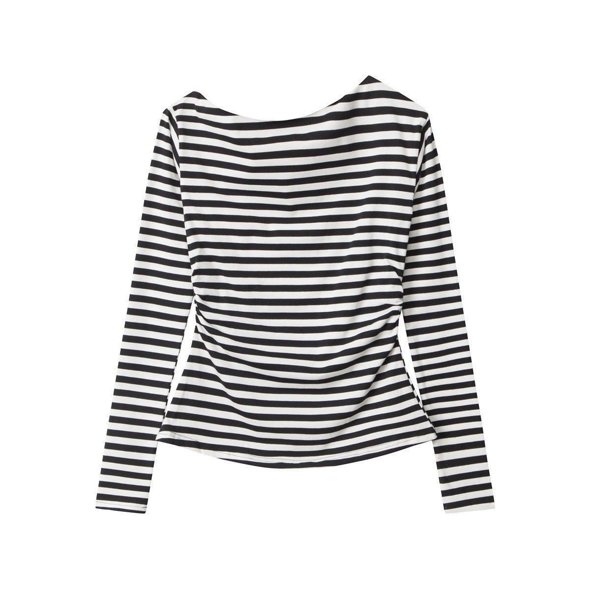White striped long-sleeve top with boat neckline