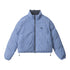 Blue plaid puffer jacket with a high collar and zip-up front displayed against a white background