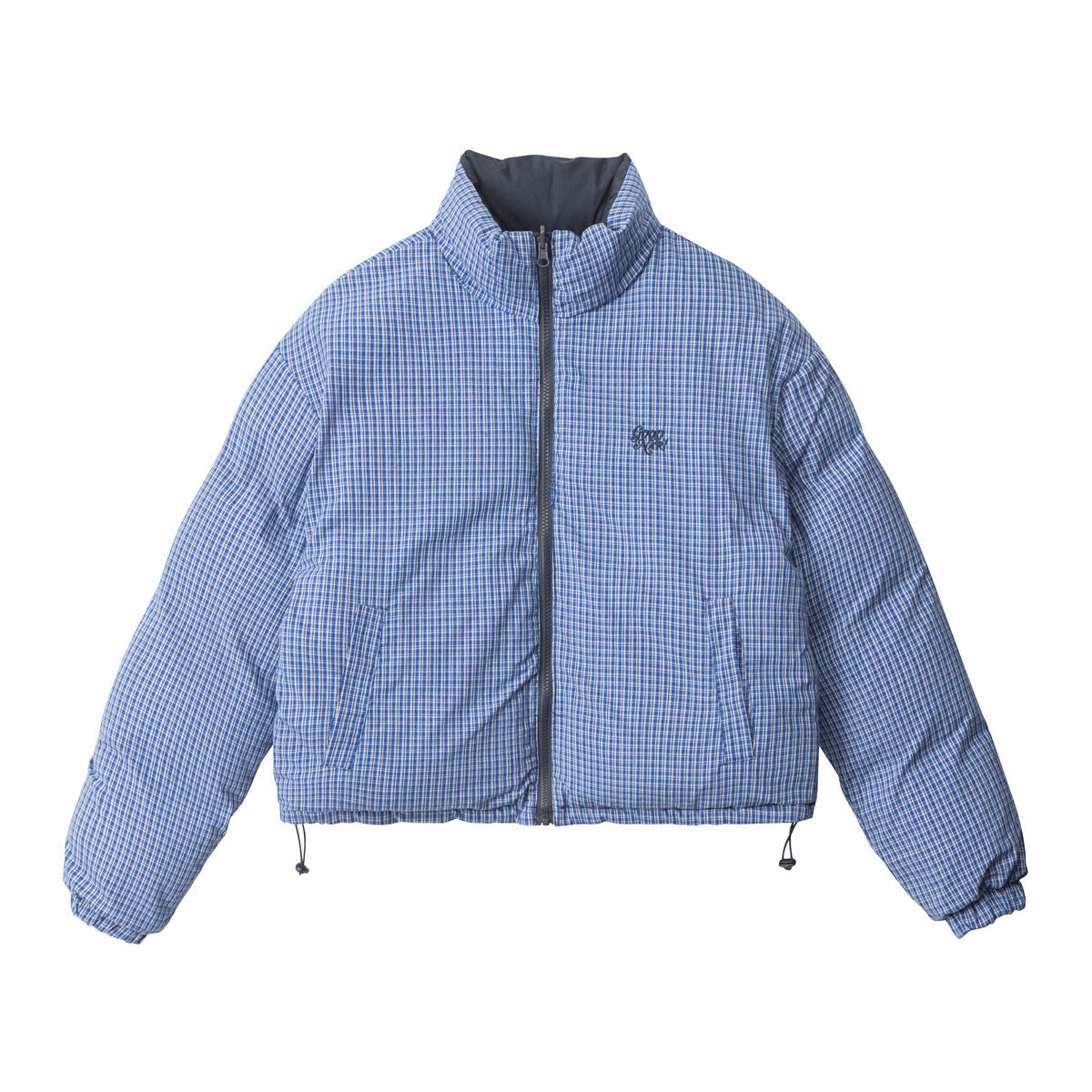 Blue plaid puffer jacket with a high collar and zip-up front displayed against a white background