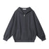 A dark gray oversized zip-up hoodie with a hood, silver zipper, and two front pockets is displayed flat on a white background