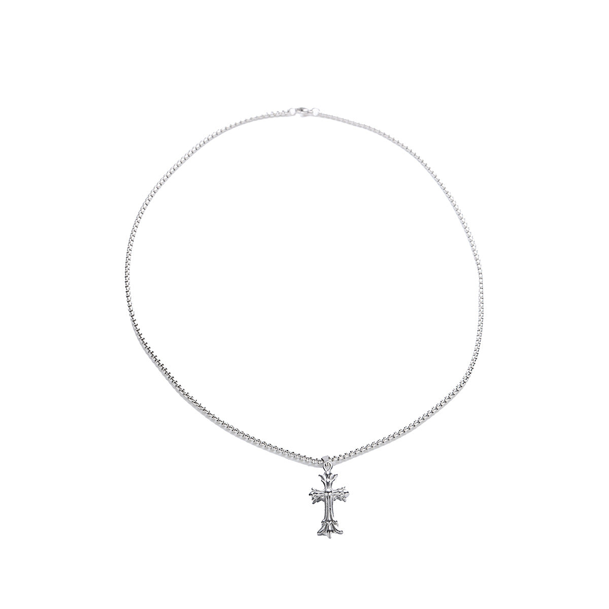 Full-length view of box chain necklace with cross pendant on white background