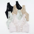 Product lineup showing front-closure bras in black, beige, mint, and white, all featuring lace trim