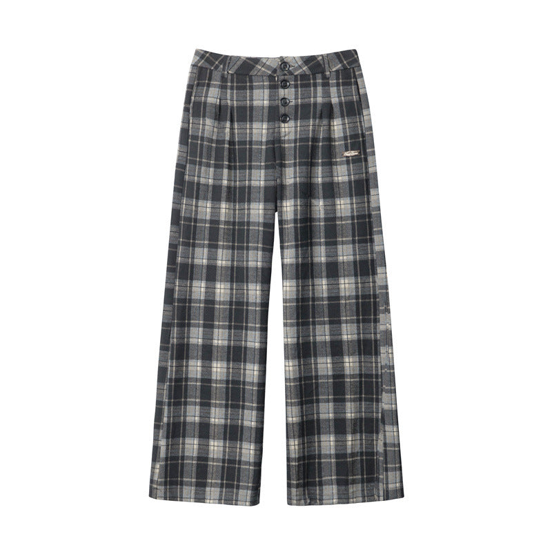 Front view of black plaid pants with button placket and wide leg design