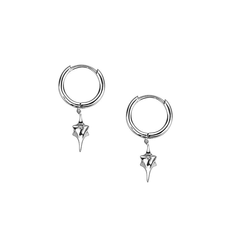 Product photo of silver star drop hoop earrings pair on white background, front view