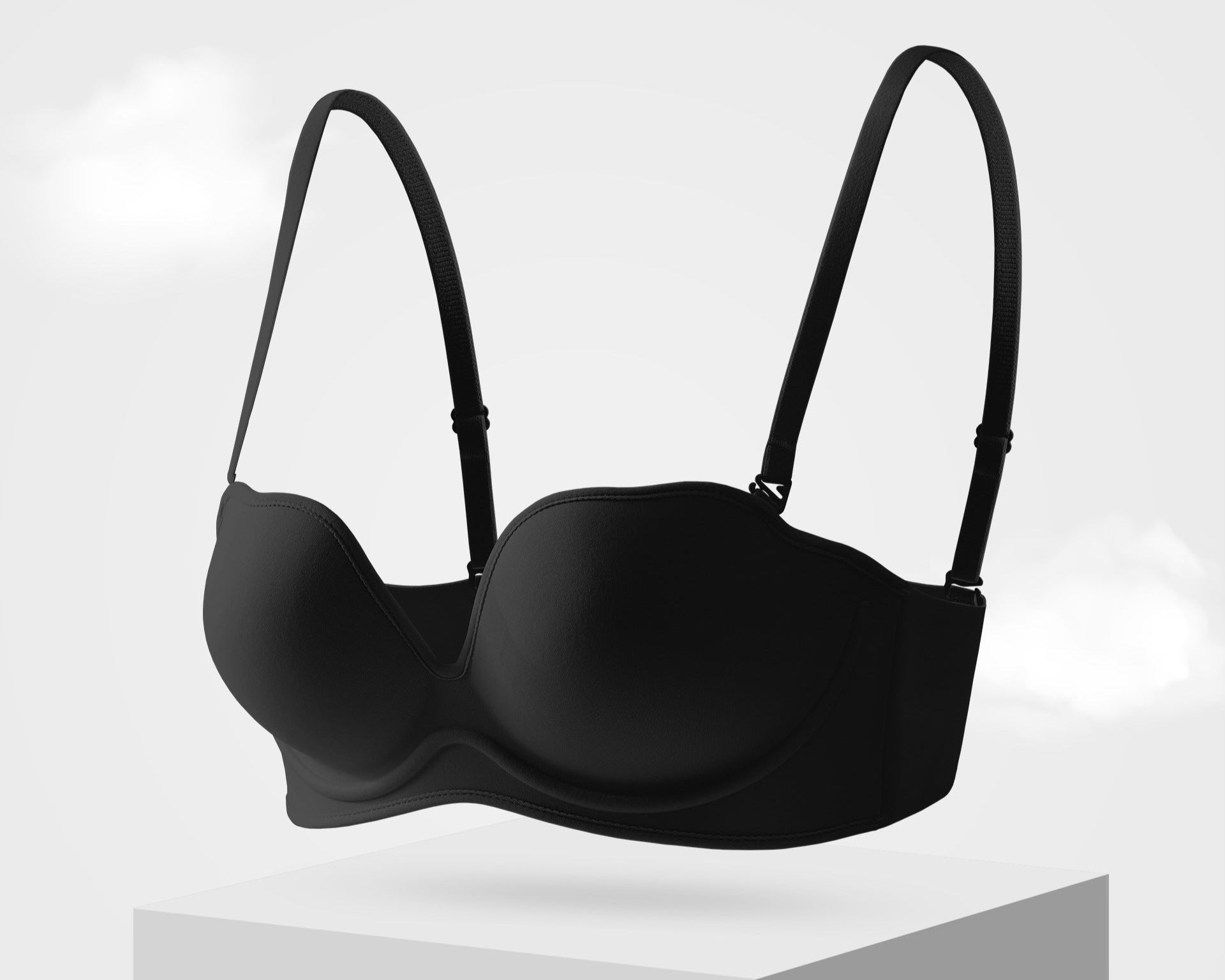 Black seamless strapless push-up bra designed for lift and support with a smooth, breathable fabric.