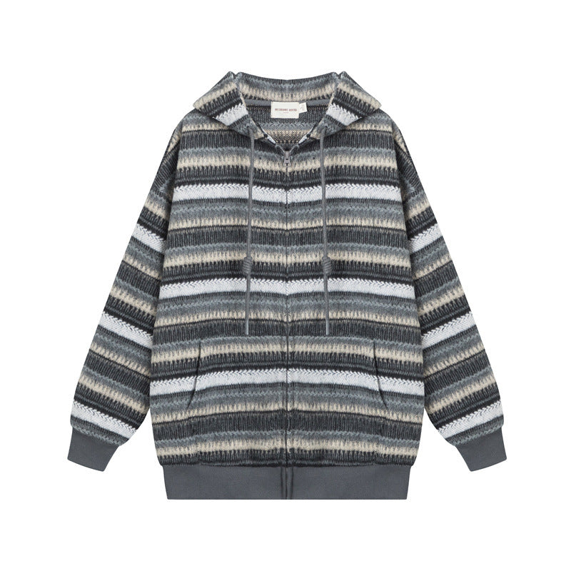 Gray colorway of striped textured zip hoodie with ribbed cuffs and drawstring hood displayed flat against white background