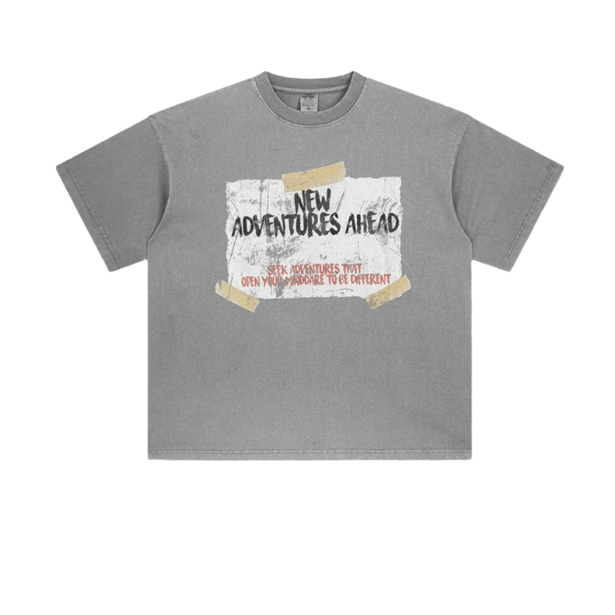 Front view of gray oversized t-shirt with motivational graphic displayed flat against white background