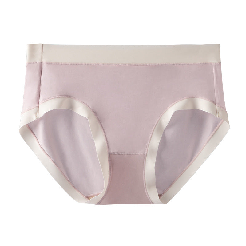 Light nude mid-rise brief with white contrast trim along waistband and leg openings, flat lay product photo