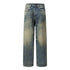 Front view of relaxed fit vintage wash jeans with straight leg cut and classic denim detailing