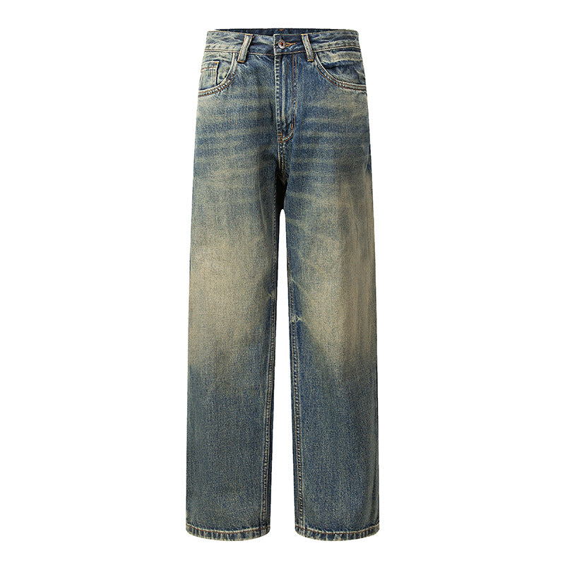 Front view of relaxed fit vintage wash jeans with straight leg cut and classic denim detailing